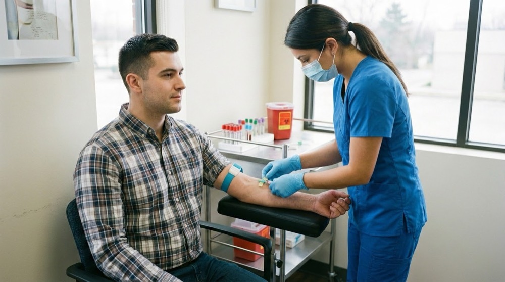 A nurse cares for a patient during a blood draw in a bright clinic
