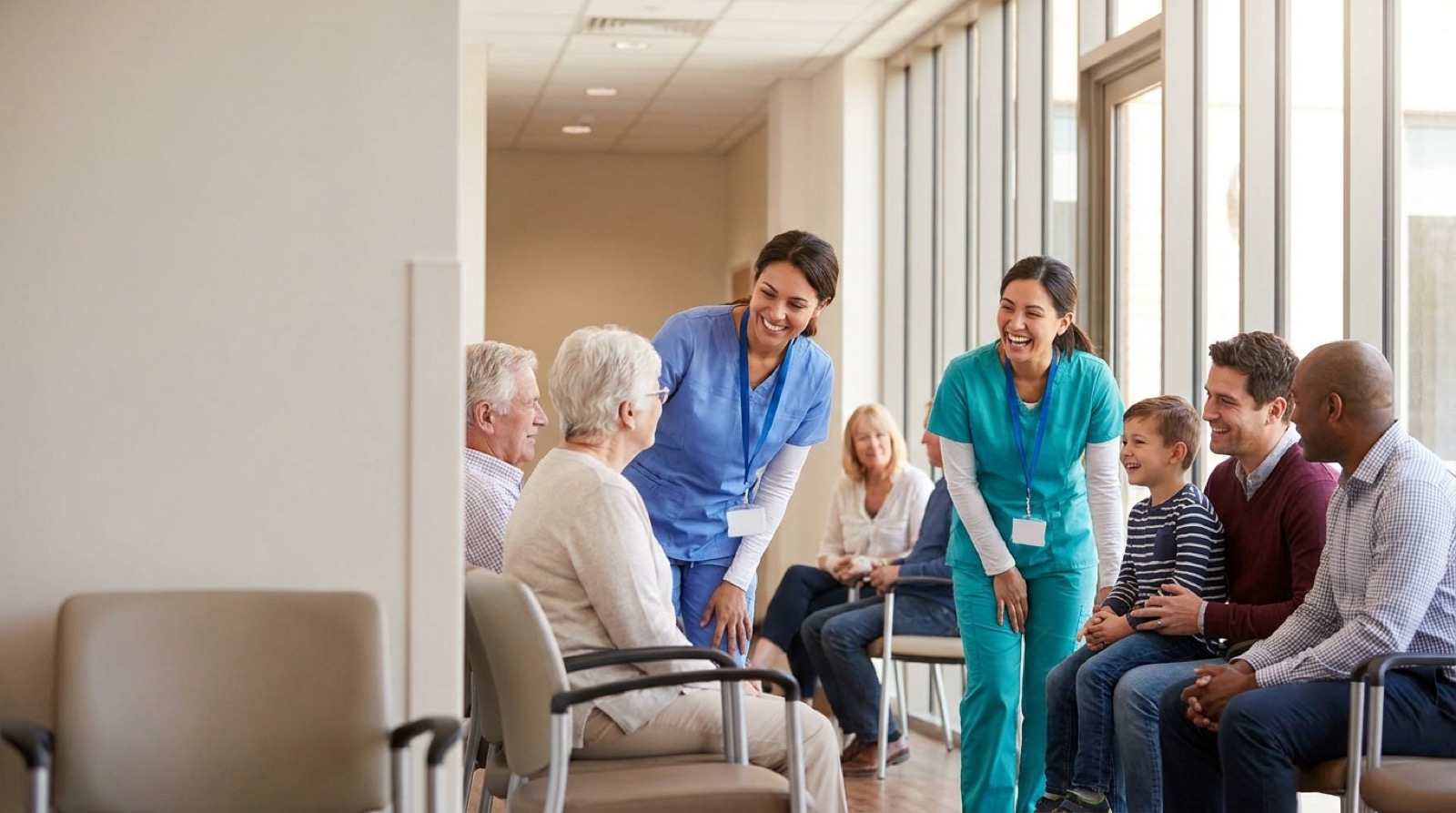 Hospital clinicians in a corridor, with patient appointments managed on one scheduling platform