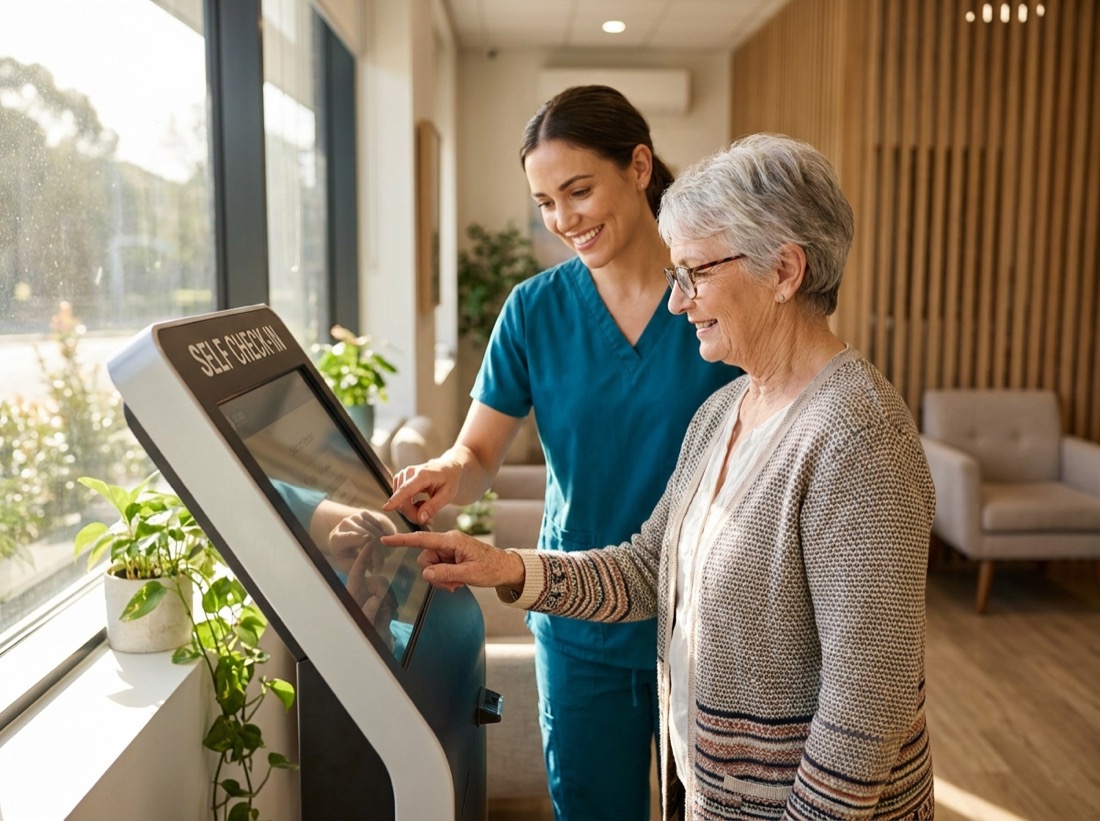 A friendly nurse helps an older woman use a TSB self check-in kiosk