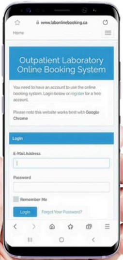 The Lab Online Booking patient portal on a phone
