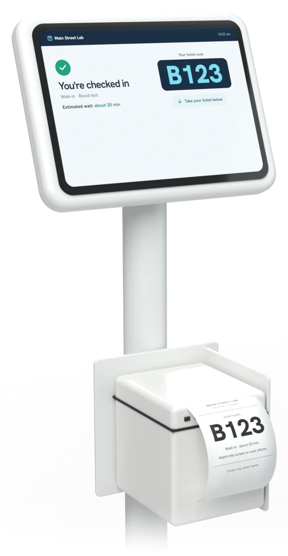 The Slot IQ Arrive kiosk showing ticket B123 with a receipt printer printing ticket B123