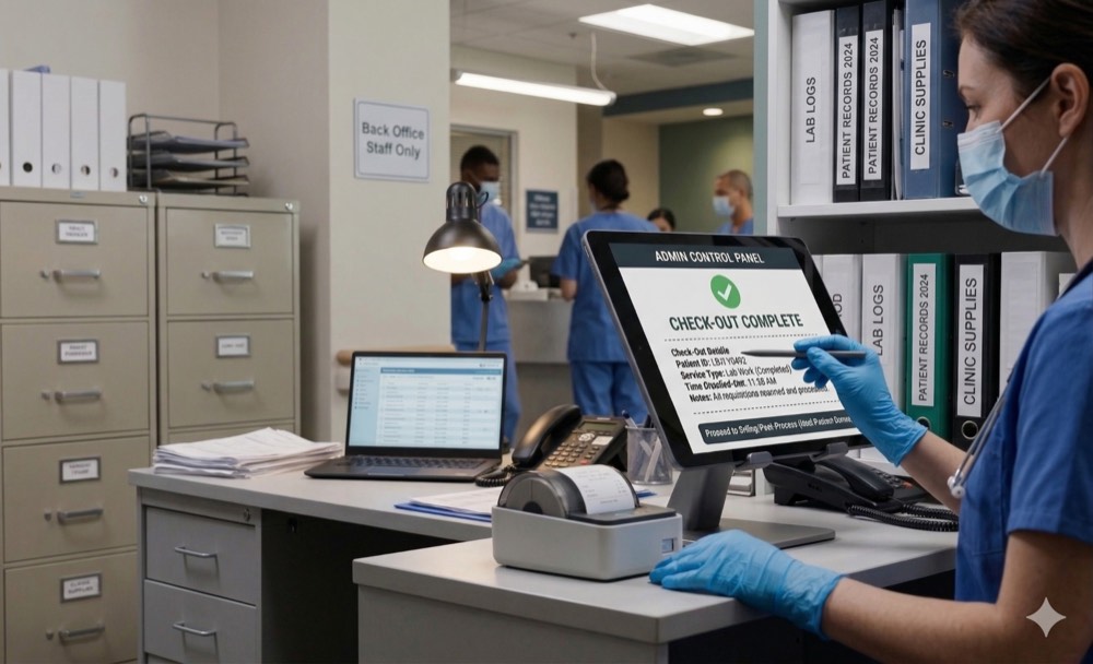 A clinician reviews the TSB admin dashboard on a tablet